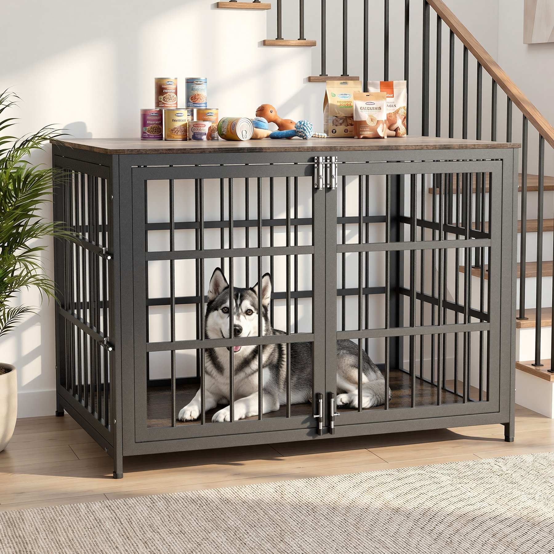 Rupzen Double-Door Chew-Resistant Escape-Proof Wood-Grain Side Table Dog Crate, Brown, 42 Inch
