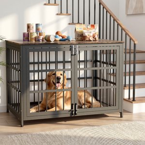 Rupzen Double-Door Chew-Resistant Escape-Proof Wood-Grain Side Table Dog Crate, Brown, 38 Inch