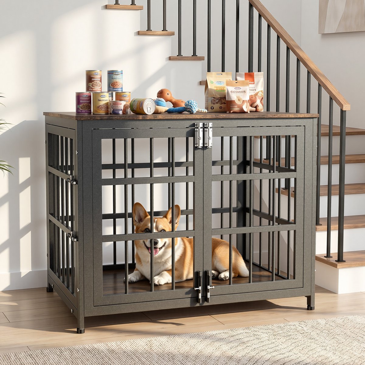 Rupzen Double-Door Chew-Resistant Escape-Proof Wood-Grain Side Table Dog Crate, Brown, 32 Inch