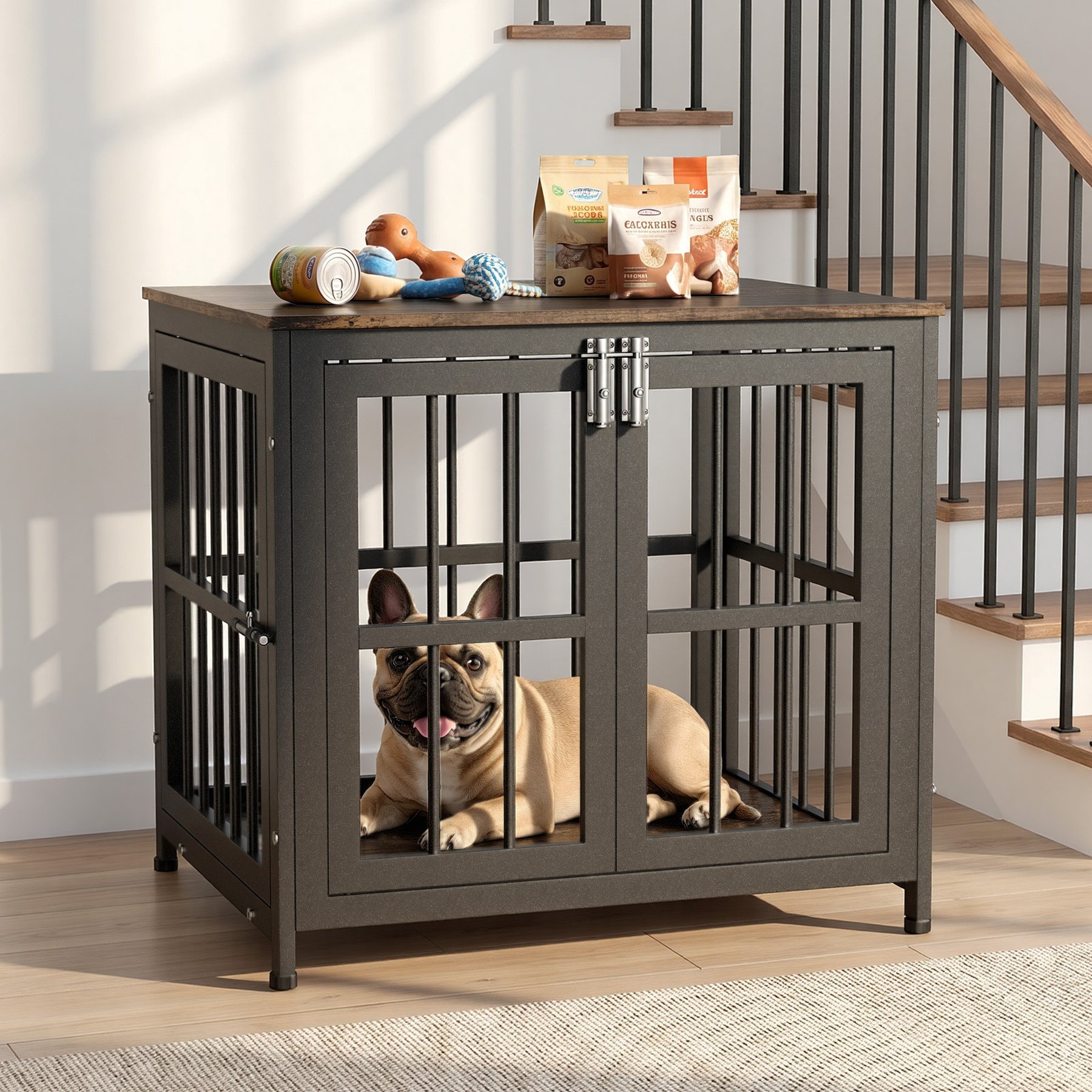 Rupzen Double-Door Chew-Resistant Escape-Proof Wood-Grain Side Table Dog Crate, Brown, 26 Inch