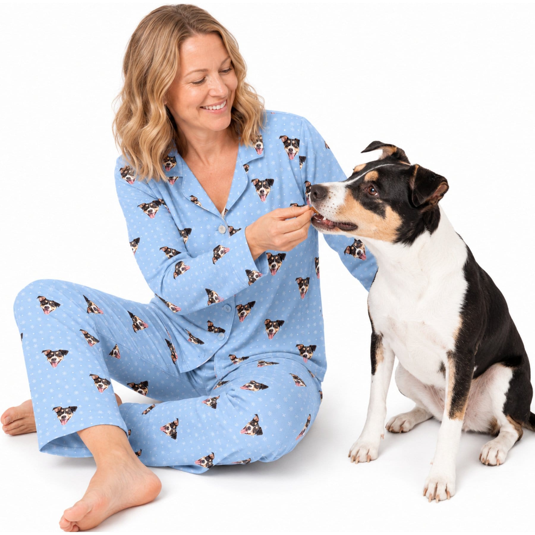 Cuddle Clones Custom 1 Pet Face Long Sleeve Set Pajamas, Blue Snowflakes, Medium