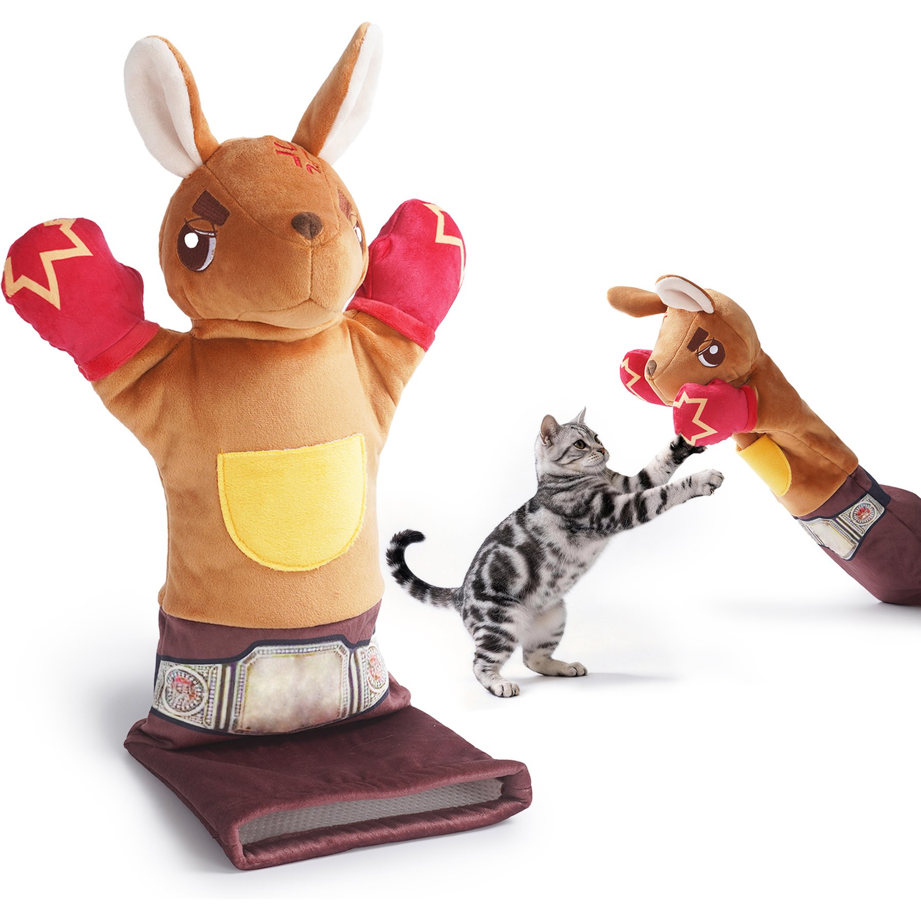 Pawsible Rumble Roo Reinforced Protective Glove Interactive Kicking Wrestling Kangaroo Puppet Cat Plush Toy with Catnip Pouch & Treat Pocket, Brown, 22-in
