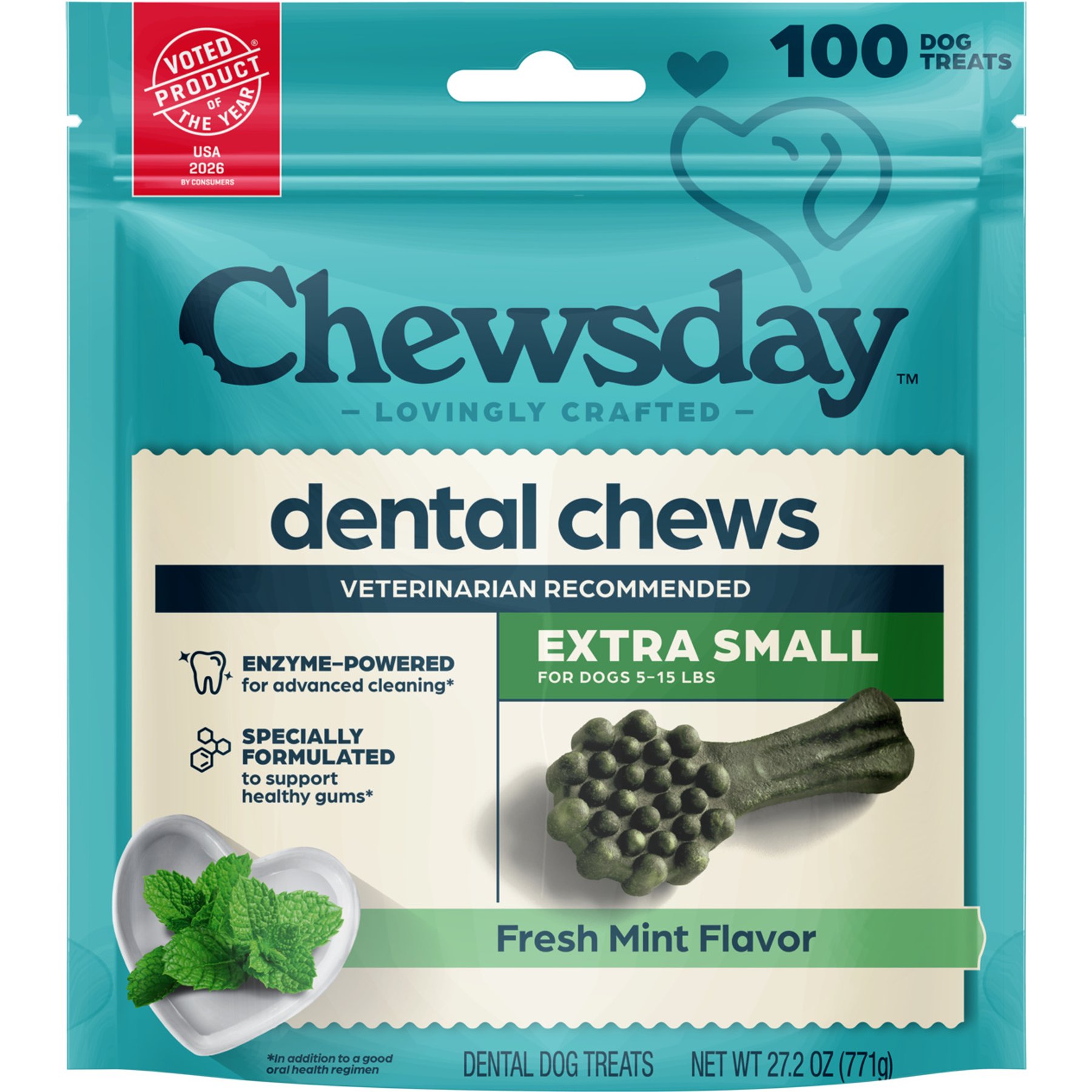 Chewsday Fresh Mint Flavor X-Small Dental Dog Chews, 100 count