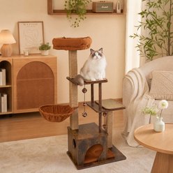 FUKUMARU 4 in 1 Modern Tower with Jute Scratching Post, Hammock & Cave, Retro Wood Condo with Silvervine Ball, Washable Cushions 53.5-in Hanging Toy Cat Tree, Brown