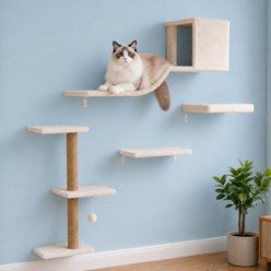 FUKUMARU 5-in-1 Solid Wood Wall Mounted Cat Wall Shelves Set Climbing Furniture with Scratching Post, Bridge & Perch, Beige