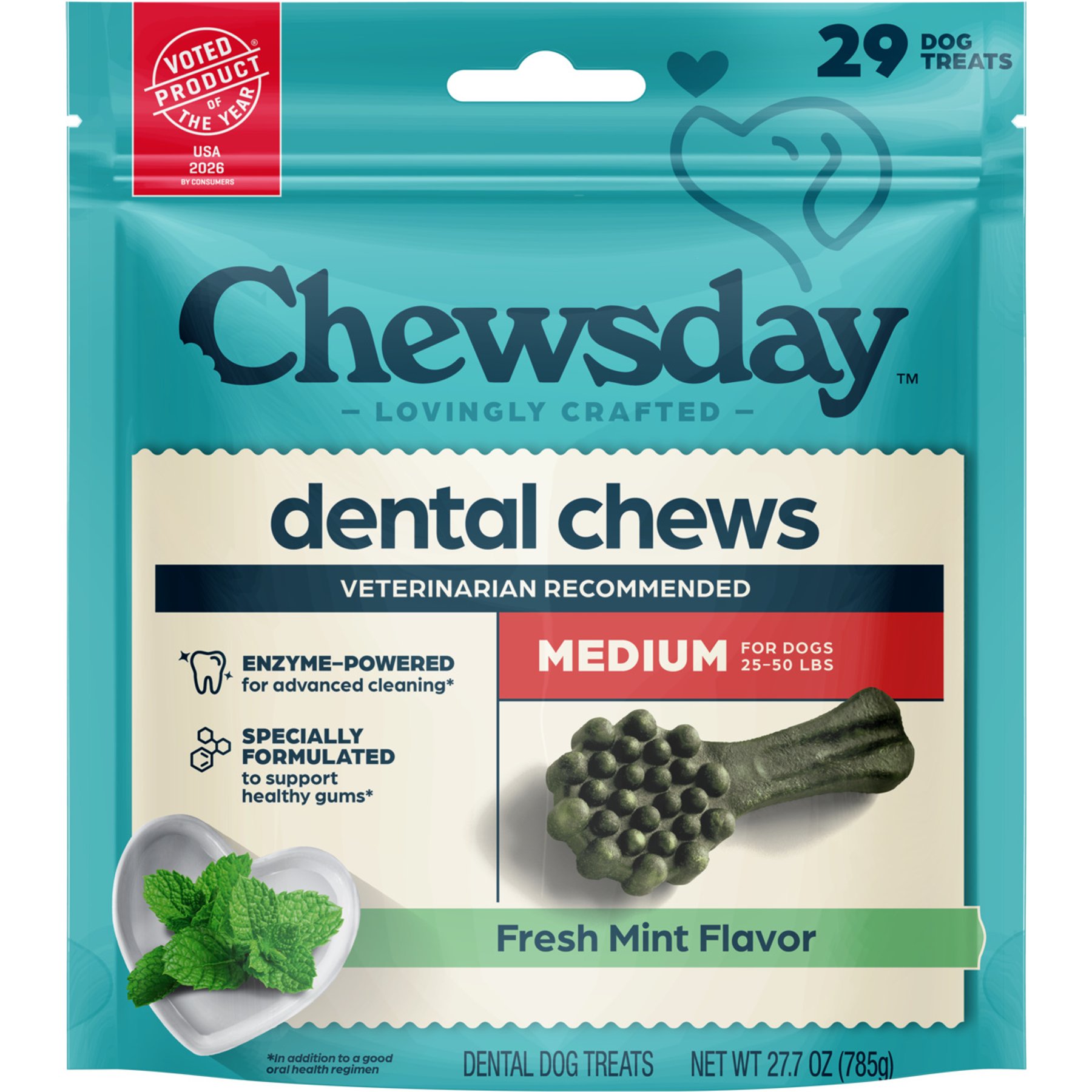 Chewsday Fresh Mint Flavor Medium Dental Dog Chews, 29 count