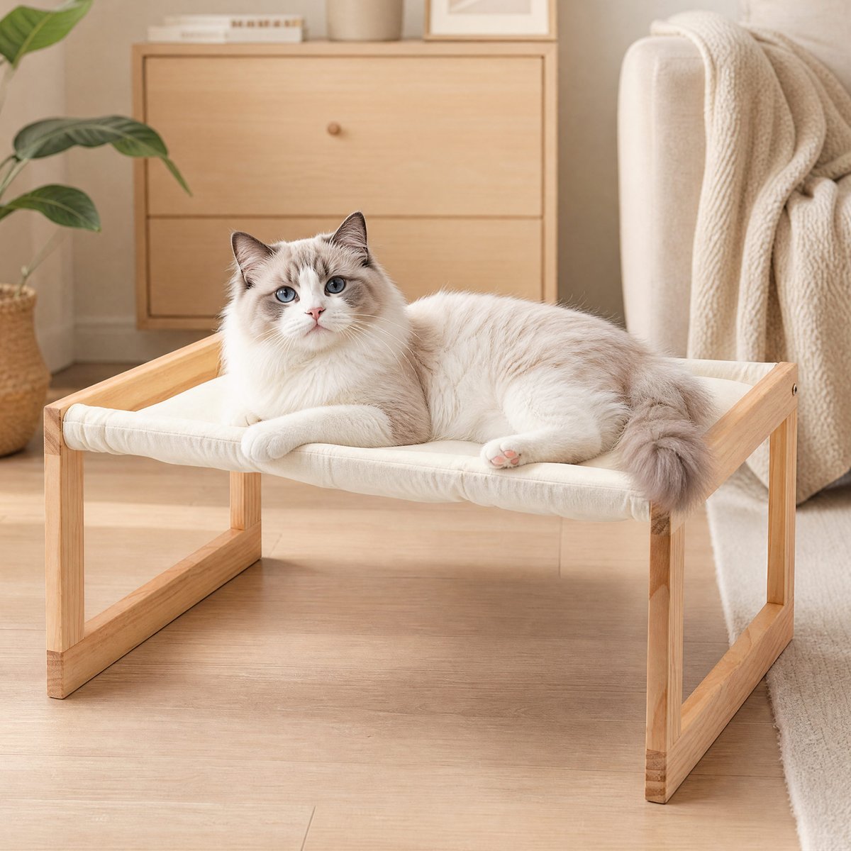 FUKUMARU Solid Wood Orthopedic Elevated 21-in Velvet Puppy & Cat Bed Hammock with Removable Cozy Cover, White
