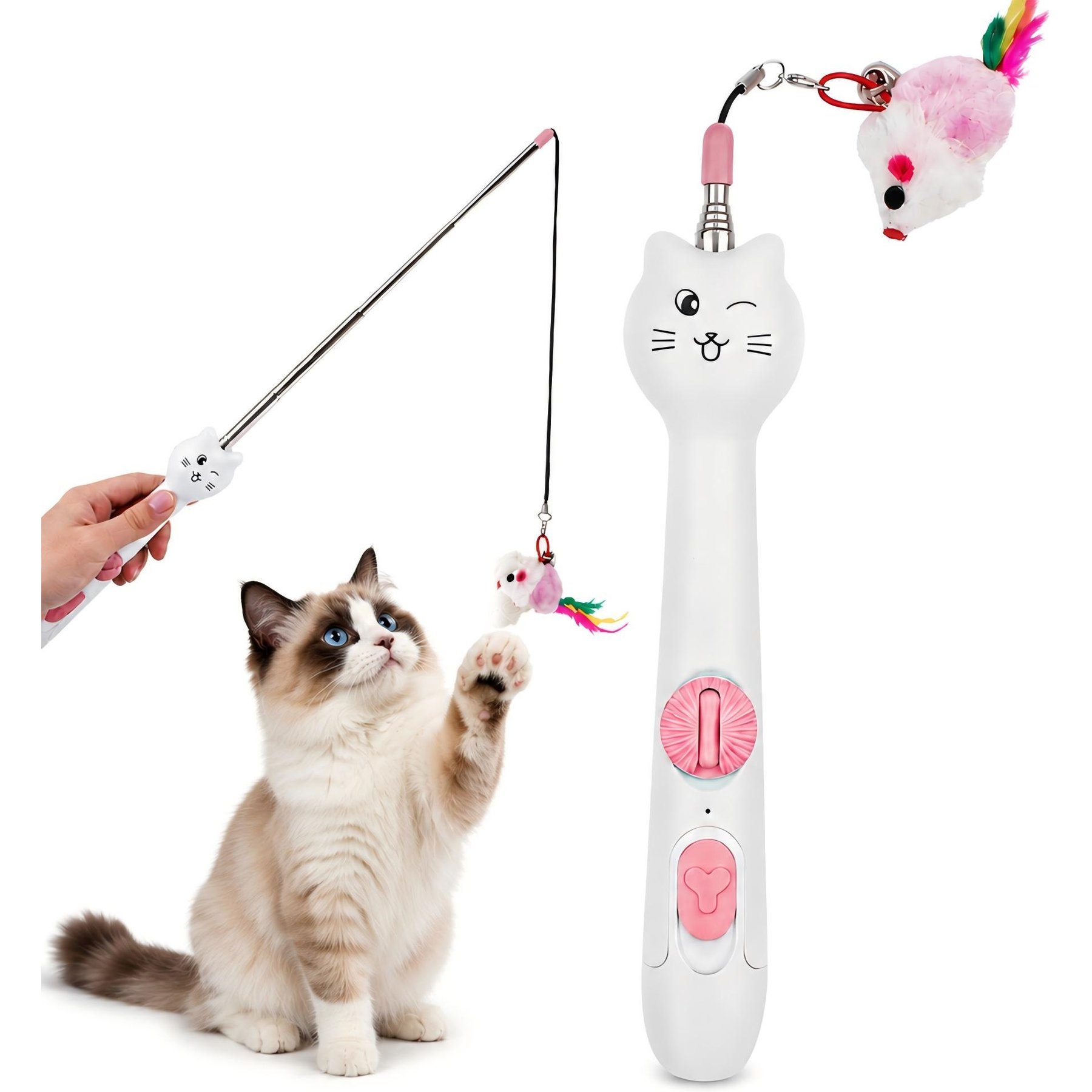 Mewluxe 2-in-1 Cat Teaser Wand Toy with Laser Pointers, Light & Retractable Pole with Feather, Pink