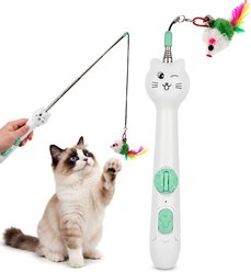 Mewluxe 2-in-1 Cat Teaser Wand Toy with Laser Pointers, Light & Retractable Pole with Feather, Green