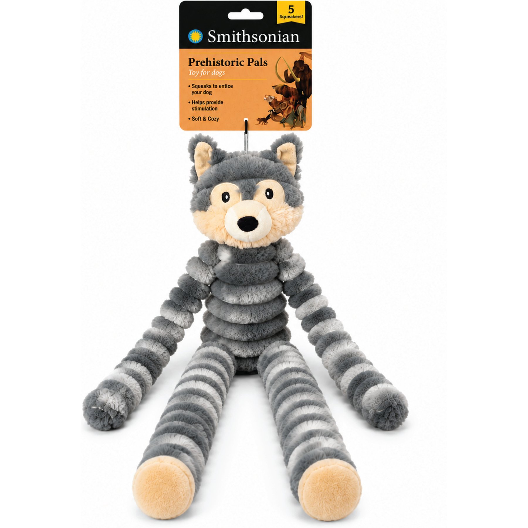 Smithsonian Stuffing-Free Crinkle Sounds & TPR Chew Zone, Interactive Long Animals Wolf Squeaky Plush Dog Toy, Medium, 2 count