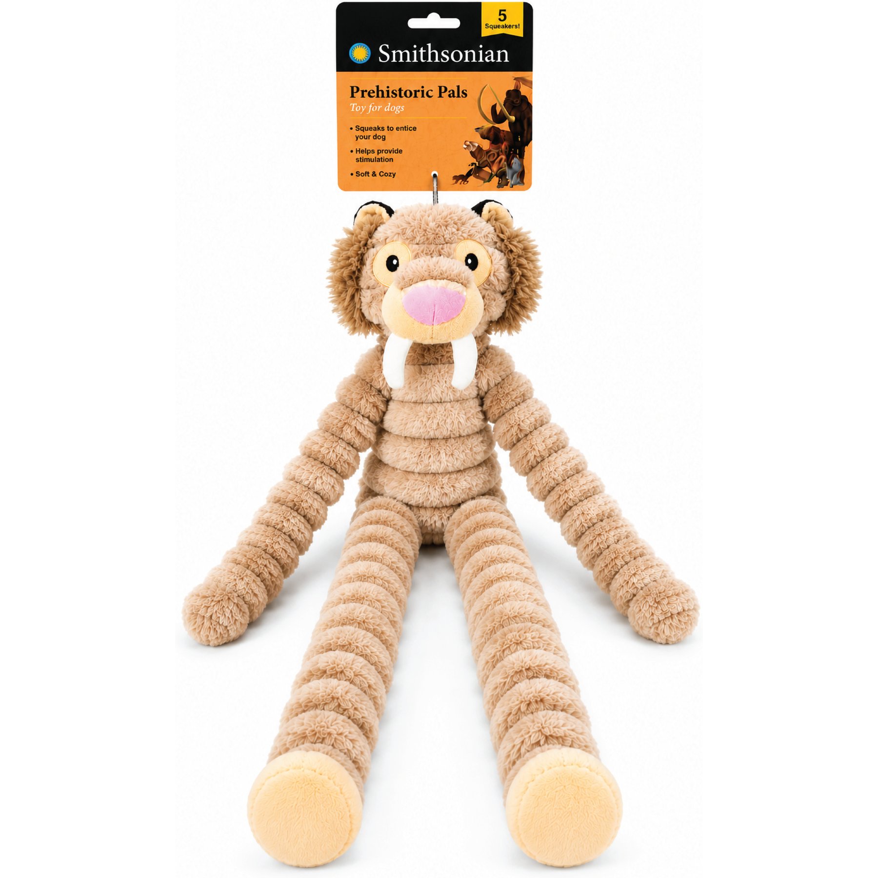 Smithsonian Stuffing-Free Crinkle Sounds & TPR Chew Zone, Interactive Long Animals Sabre Tooth Tiger Squeaky Plush Dog Toy, Medium, 2 count