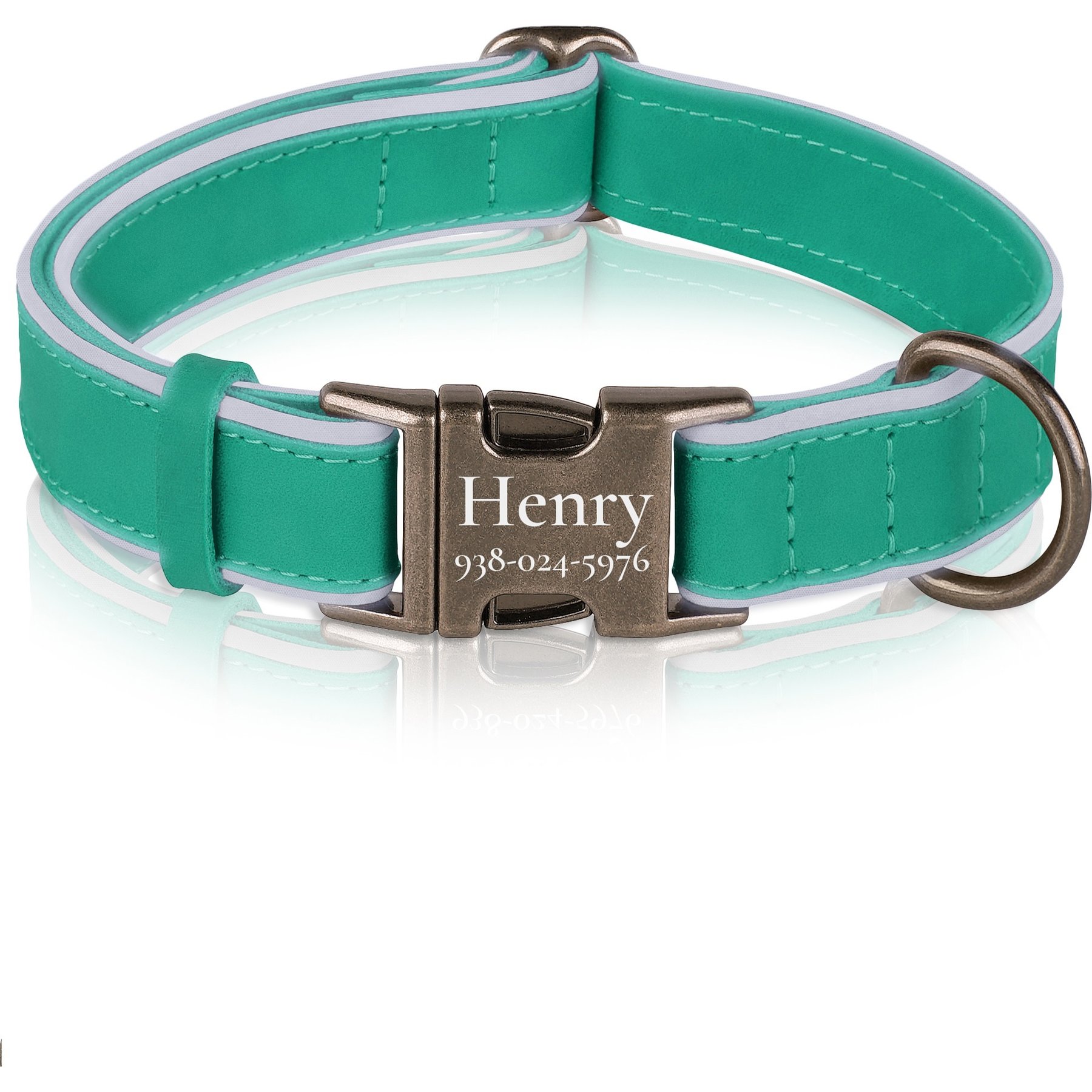OOPSDOGGY Soft Padded Custom Engraved Leather Personalized Reflective Dog Collar with Metal Buckle, Teal, Medium: 12 to 15-in neck, 4/5-in wide
