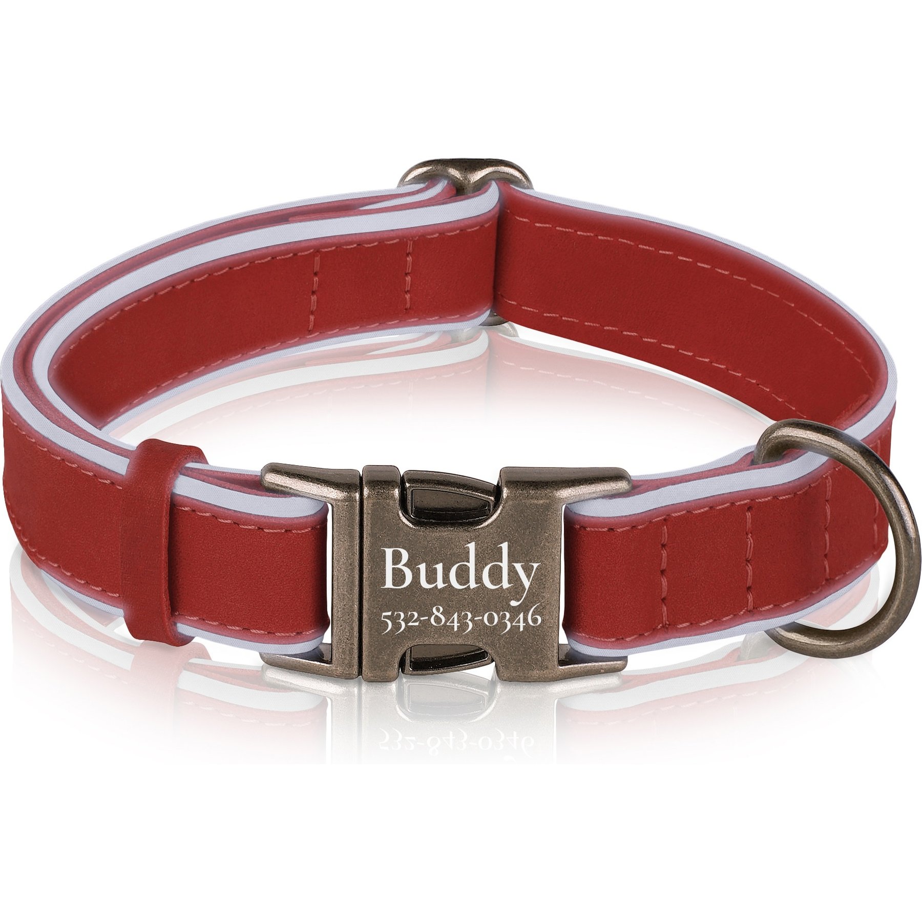 OOPSDOGGY Soft Padded Custom Engraved Leather Personalized Reflective Dog Collar with Metal Buckle, Red, Medium: 12 to 15-in neck, 4/5-in wide