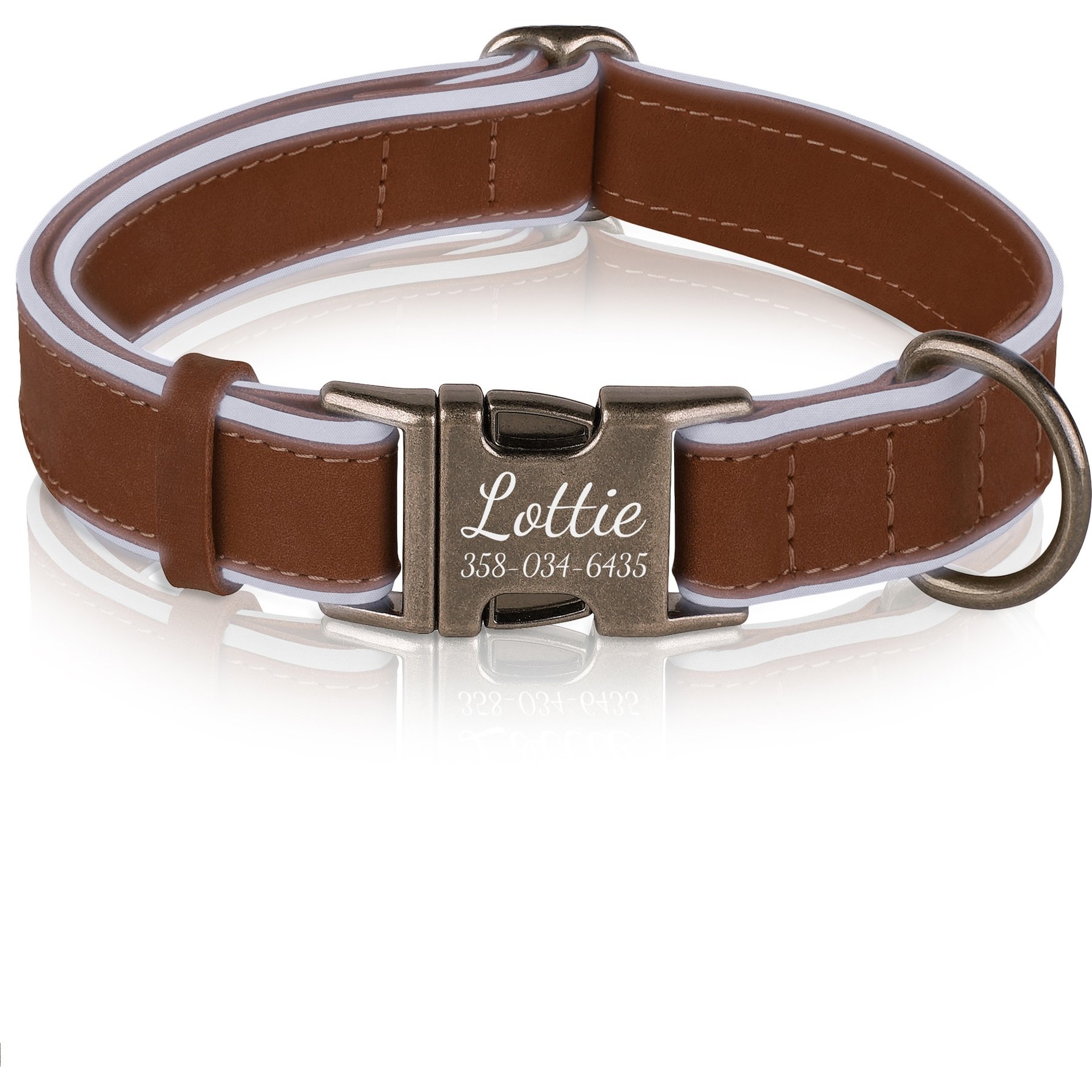 OOPSDOGGY Soft Padded Custom Engraved Leather Personalized Reflective Dog Collar with Metal Buckle, Brown, Small: 9 to 12-in neck, 3/5-in wide