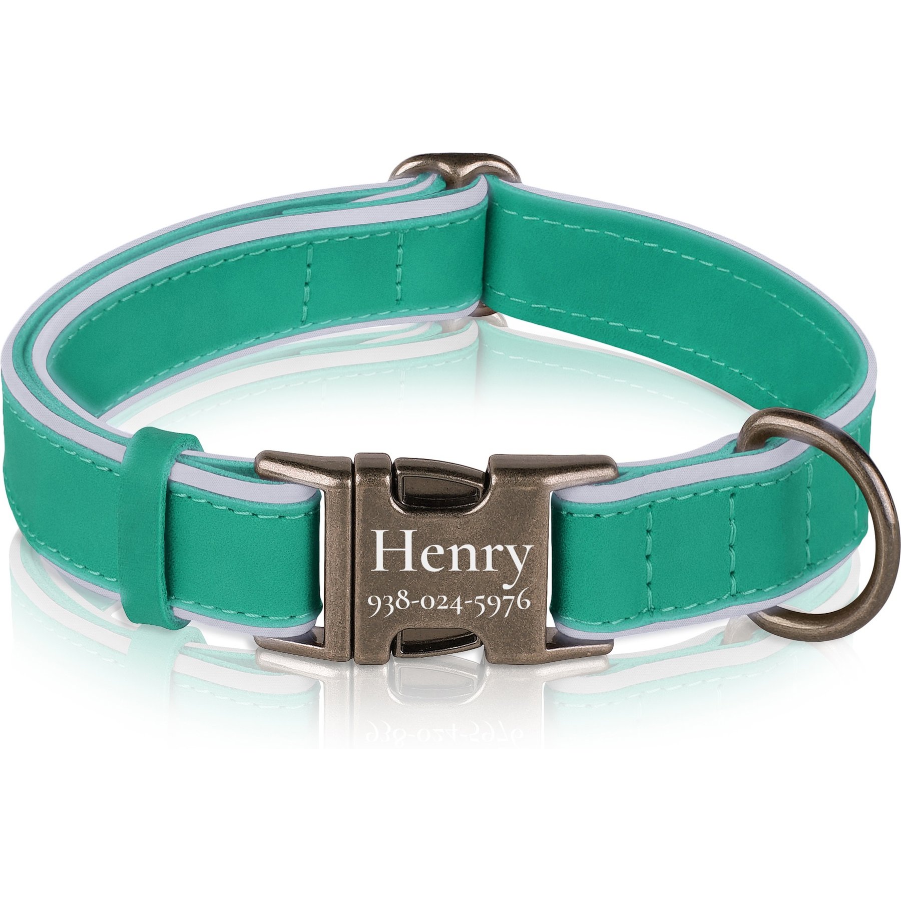 OOPSDOGGY Soft Padded Custom Engraved Leather Personalized Reflective Dog Collar with Metal Buckle, Teal, Small: 9 to 12-in neck, 3/5-in wide