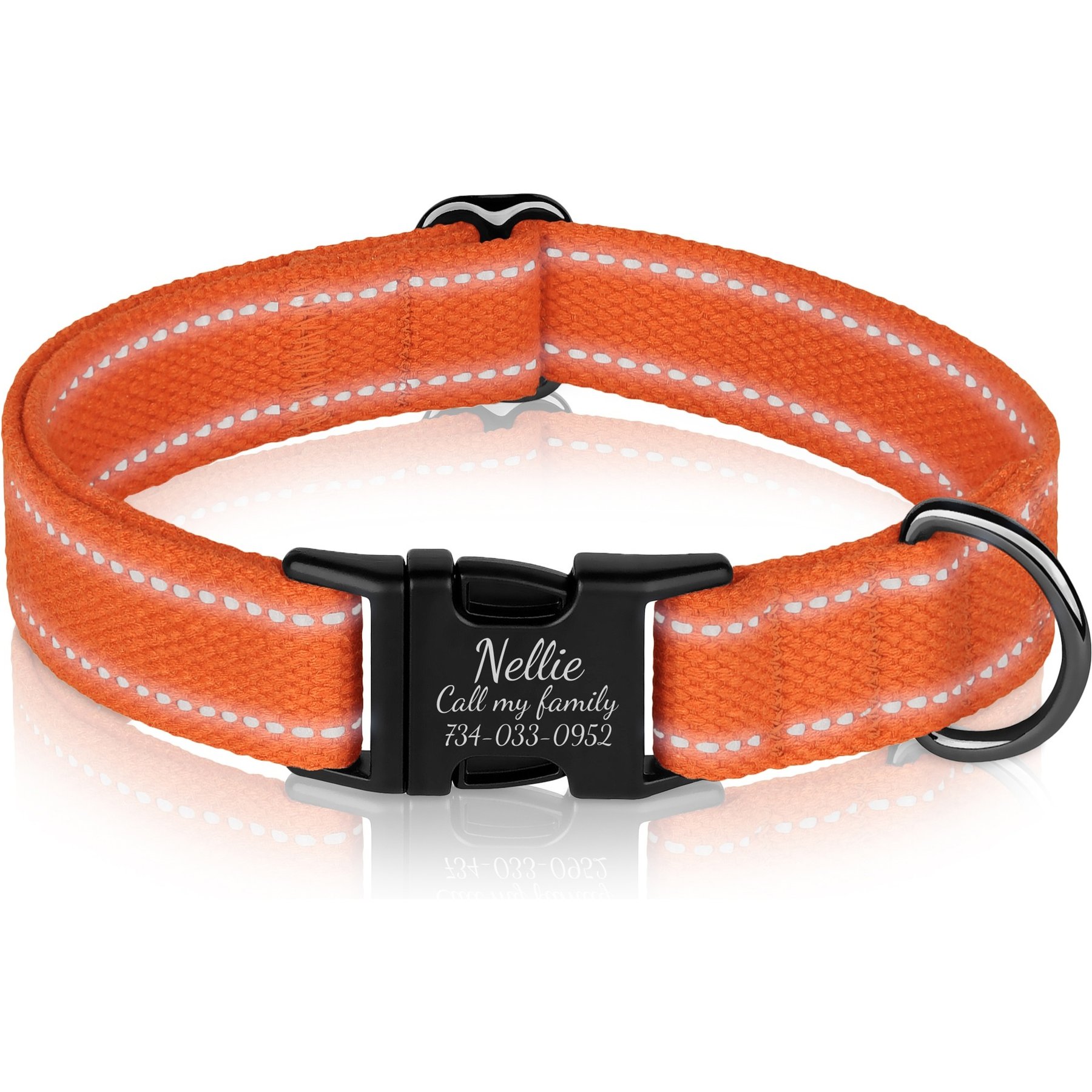 OOPSDOGGY Personalized Reflective Cotton Custom Dog Collar with Engraved Metal Buckle, Orange, Medium: 12 to 15-in neck, 4/5-in wide