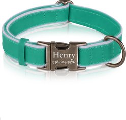 OOPSDOGGY Soft Padded Custom Engraved Leather Personalized Reflective Dog Collar with Metal Buckle, Teal, X-Large: 19 to 24-in neck, 1-in wide