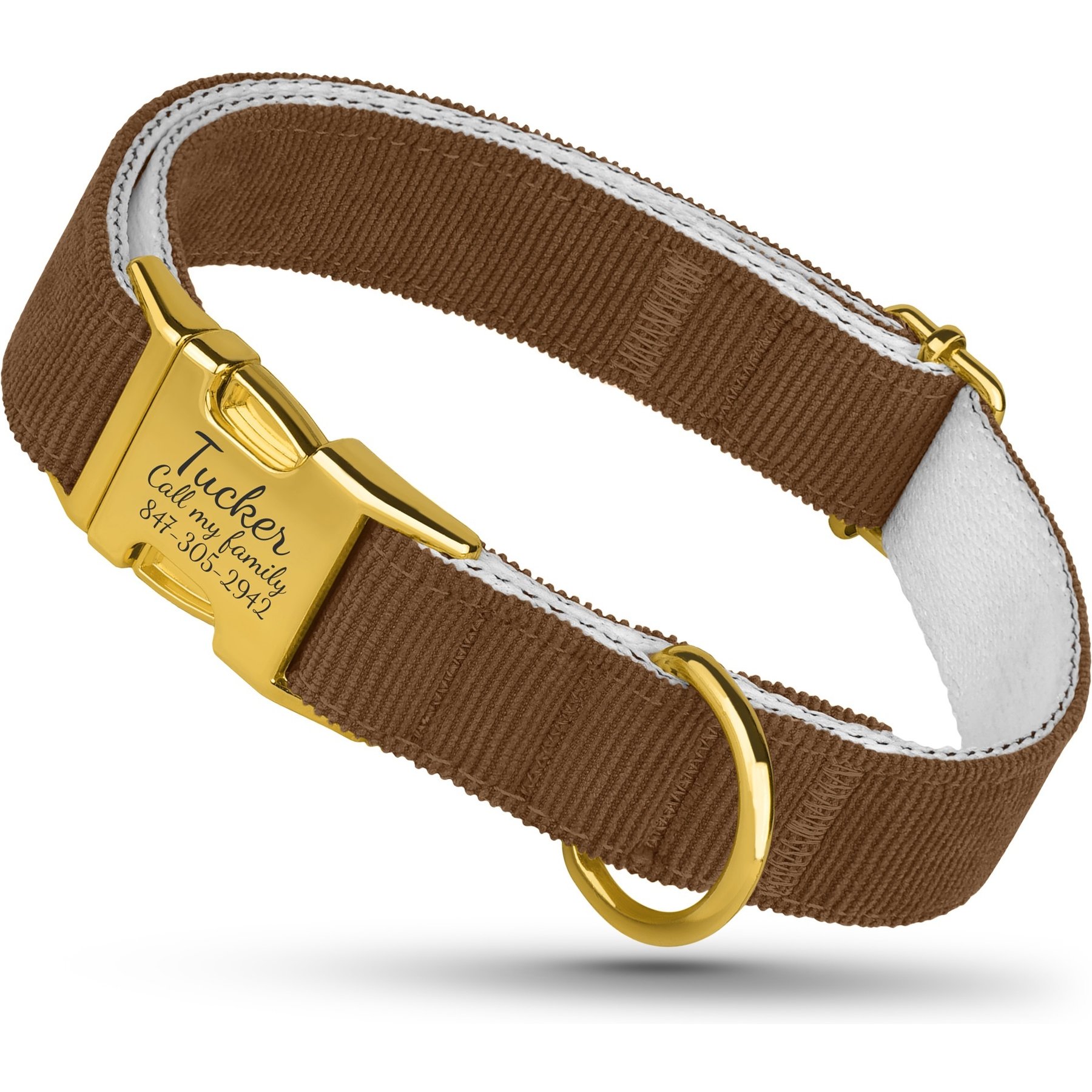 OOPSDOGGY Custom Engraved Velvet Personalized Dog Collar with Gold Metal Buckle, Brown, Large: 15 to 19-in neck, 1-in wide