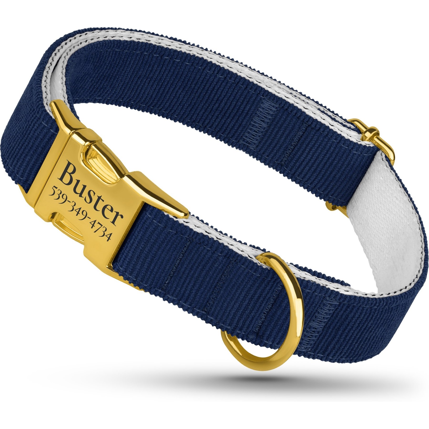 OOPSDOGGY Custom Engraved Velvet Personalized Dog Collar with Gold Metal Buckle, Blue, Medium: 12 to 15-in neck, 4/5-in wide