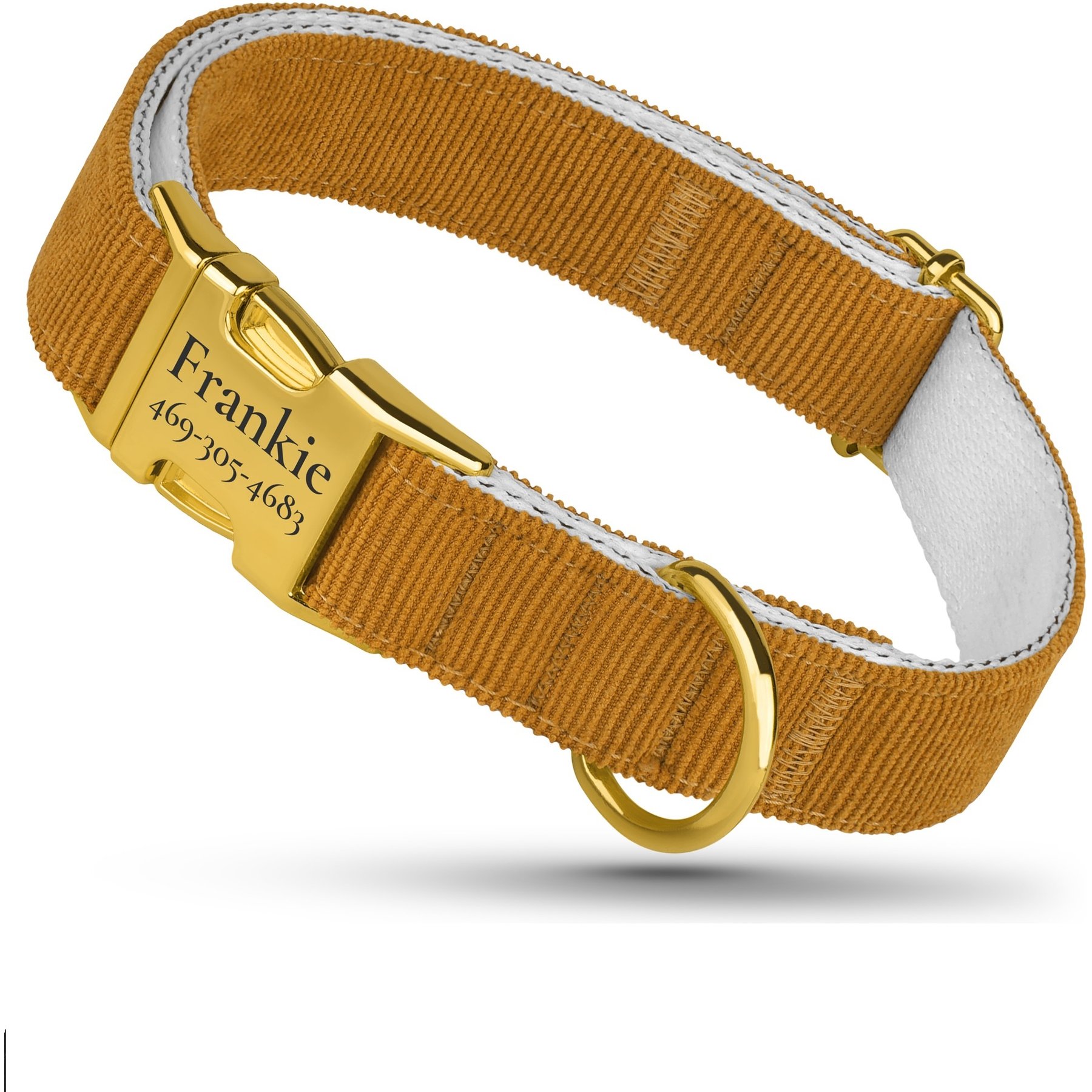 OOPSDOGGY Custom Engraved Velvet Personalized Dog Collar with Gold Metal Buckle, Light Brown, Small: 9 to 12-in neck, 3/5-in wide