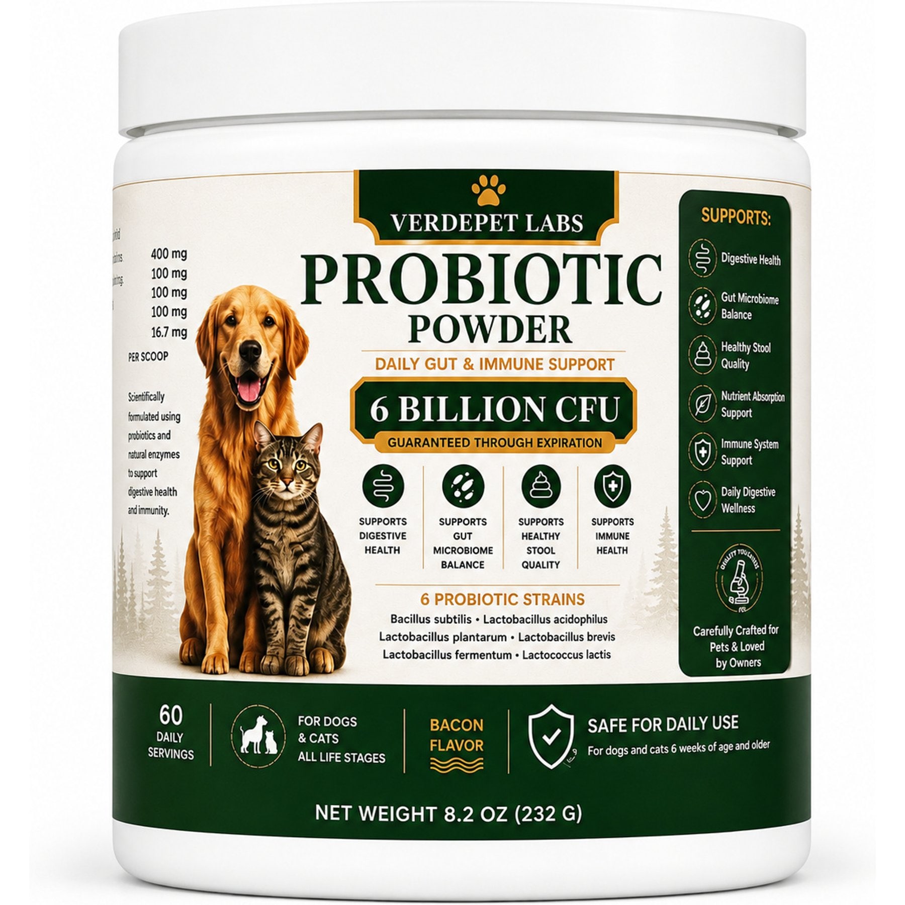Verdepet Labs Probiotic Immune Support Bacon Flavored Powder Immune Supplement for Dogs, 60 servings