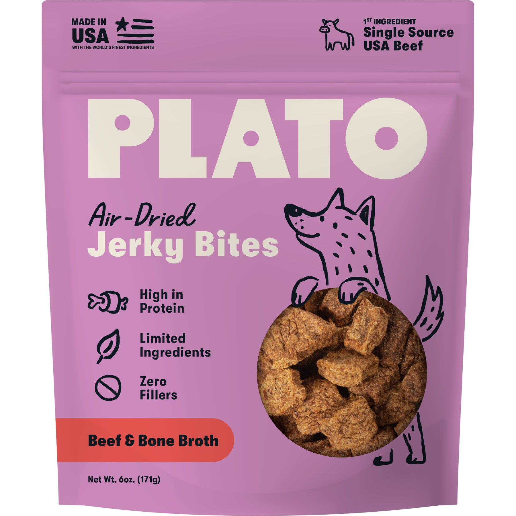 Plato Beef with Bone Broth Grain-Free Jerky Dog Bites, 6-oz bag
