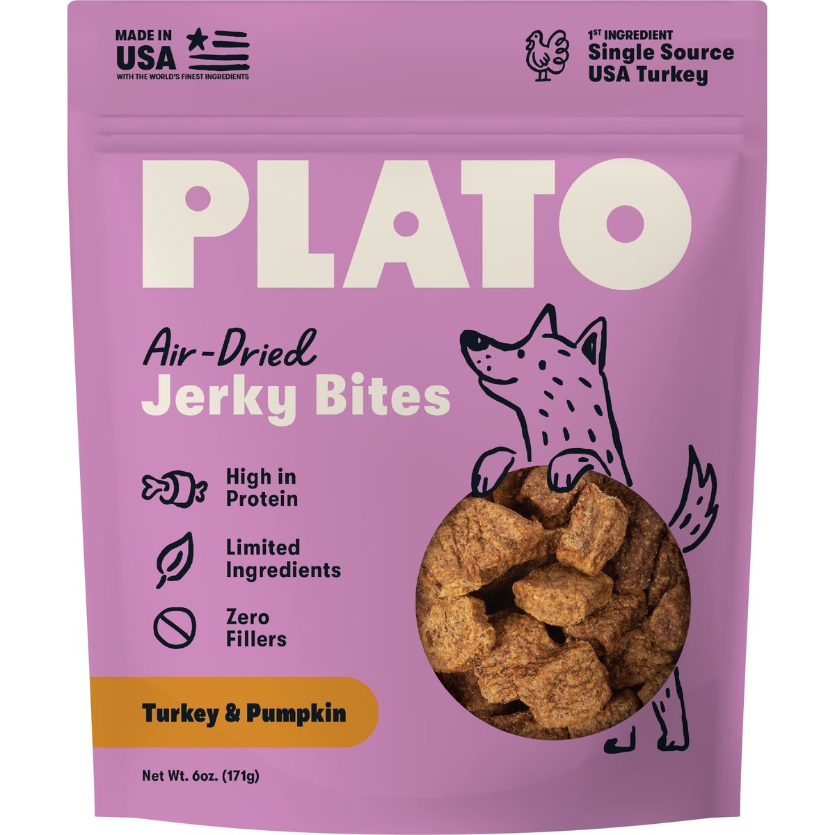 Plato Turkey with Pumpkin Grain-Free Jerky Dog Bites, 6-oz bag