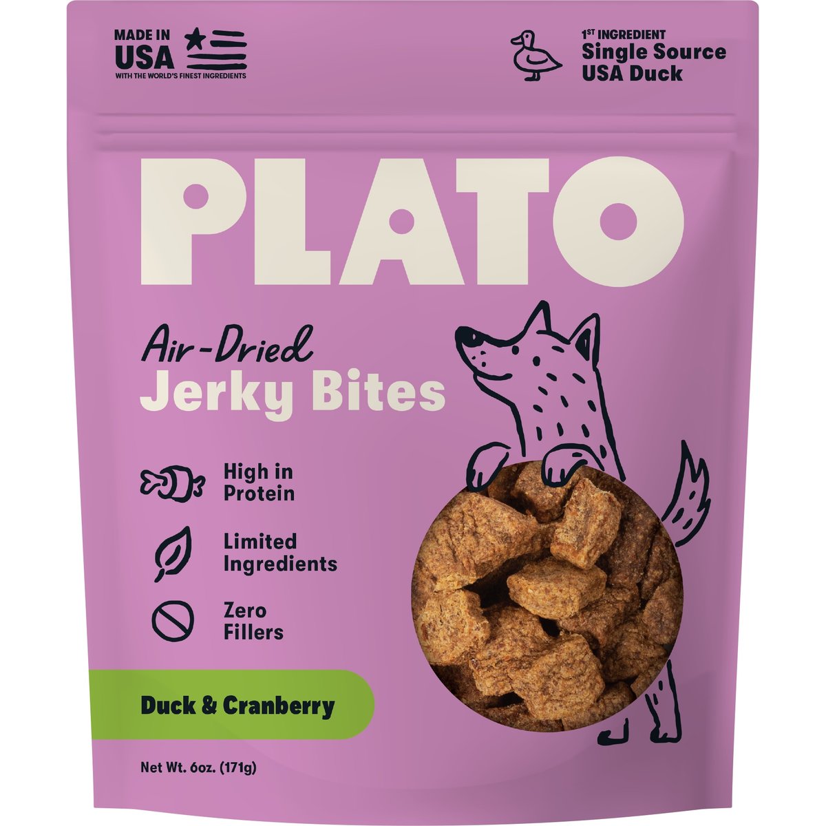Plato Duck with Cranberry Grain-Free Jerky Dog Bites, 6-oz bag