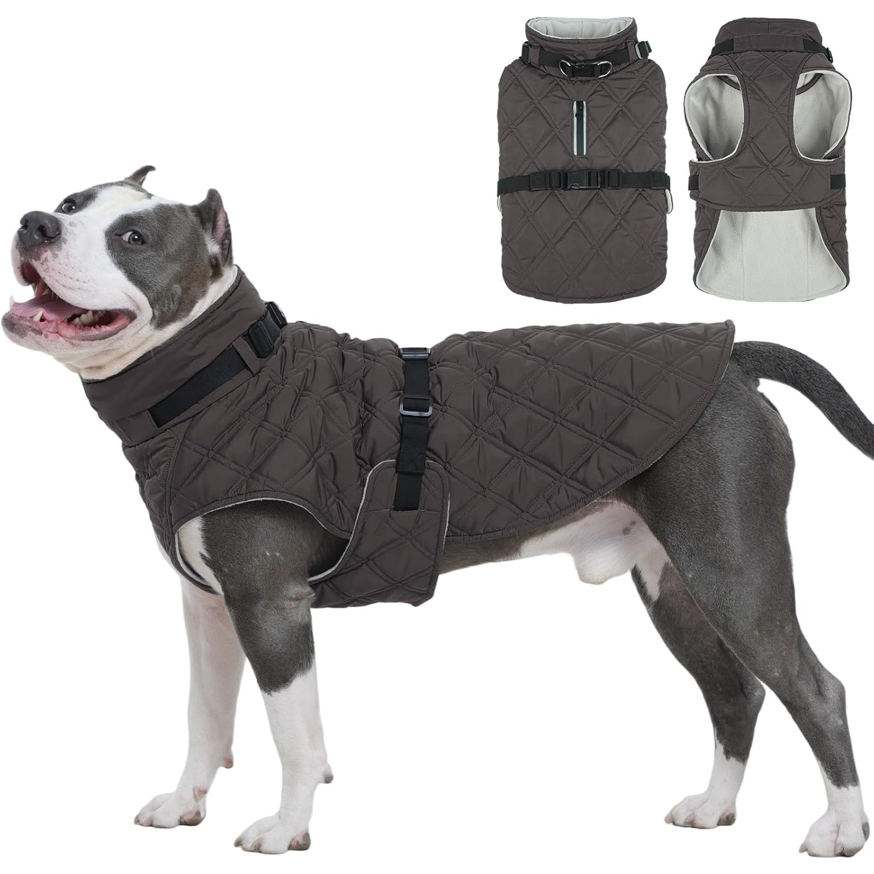 Kuoser Adjustable Windproof Warm Fleece Lining Turtleneck Dog Coat with Harness, Grey, X-Large