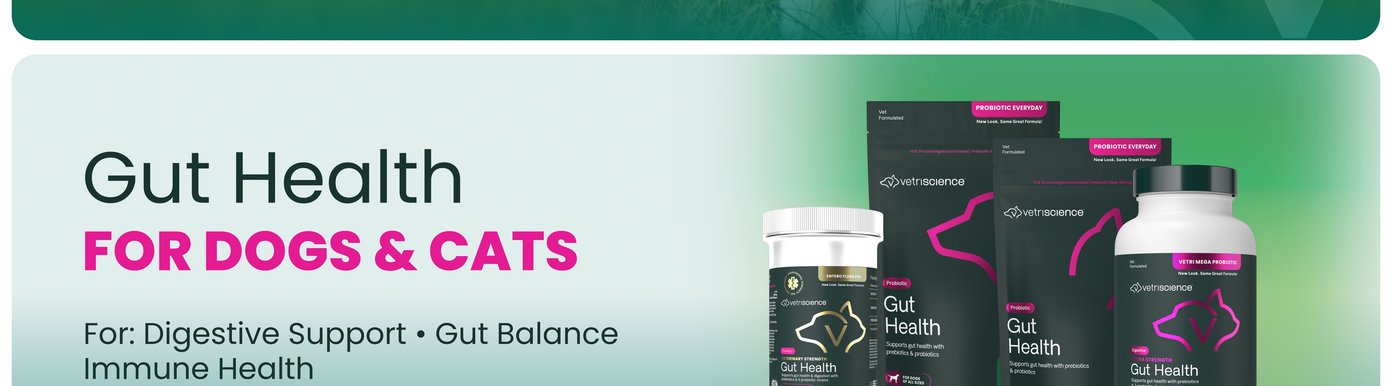 VetriScience gut health products are presented for dogs and cats, with support themes including digestive support, gut balance, and immune health. The product lineup includes Vetri Mega Probiotic, Probiotic Everyday, Entero Flora Pro, and Gut Health, with claims such as vet formulated, veterinary strength, extra strength, probiotic everyday, and new look, same great formula. Visible product details include FOS Fructooligosaccharides prebiotic fiber 100 mg, prebiotics and probiotics, 7 probiotic strains, daily use, and options for all dogs and cats, dogs of all sizes, and all cats.