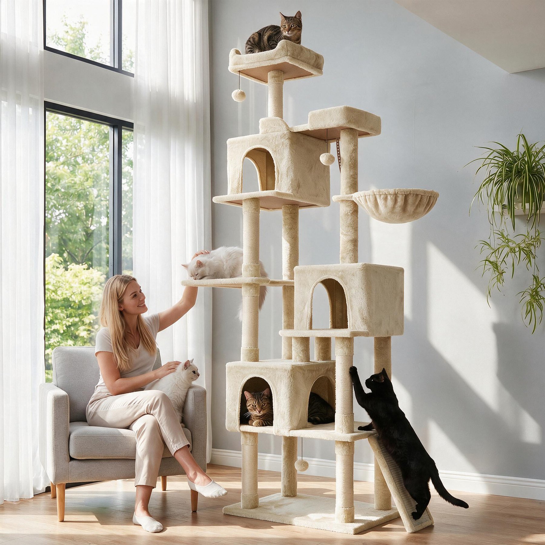 TSCOMON Multi Level Basket 81.5-in Polyester Plush Condo Cat Scratching Post, Beige