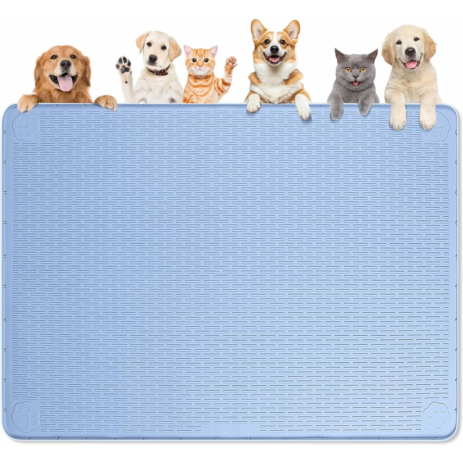 Bartuke Mat with Raised Edge, Waterproof Non-Slip Feeding Silicone Dog & Cat Bowl-Accessory, X-Large: 50 X 35-in, Blue