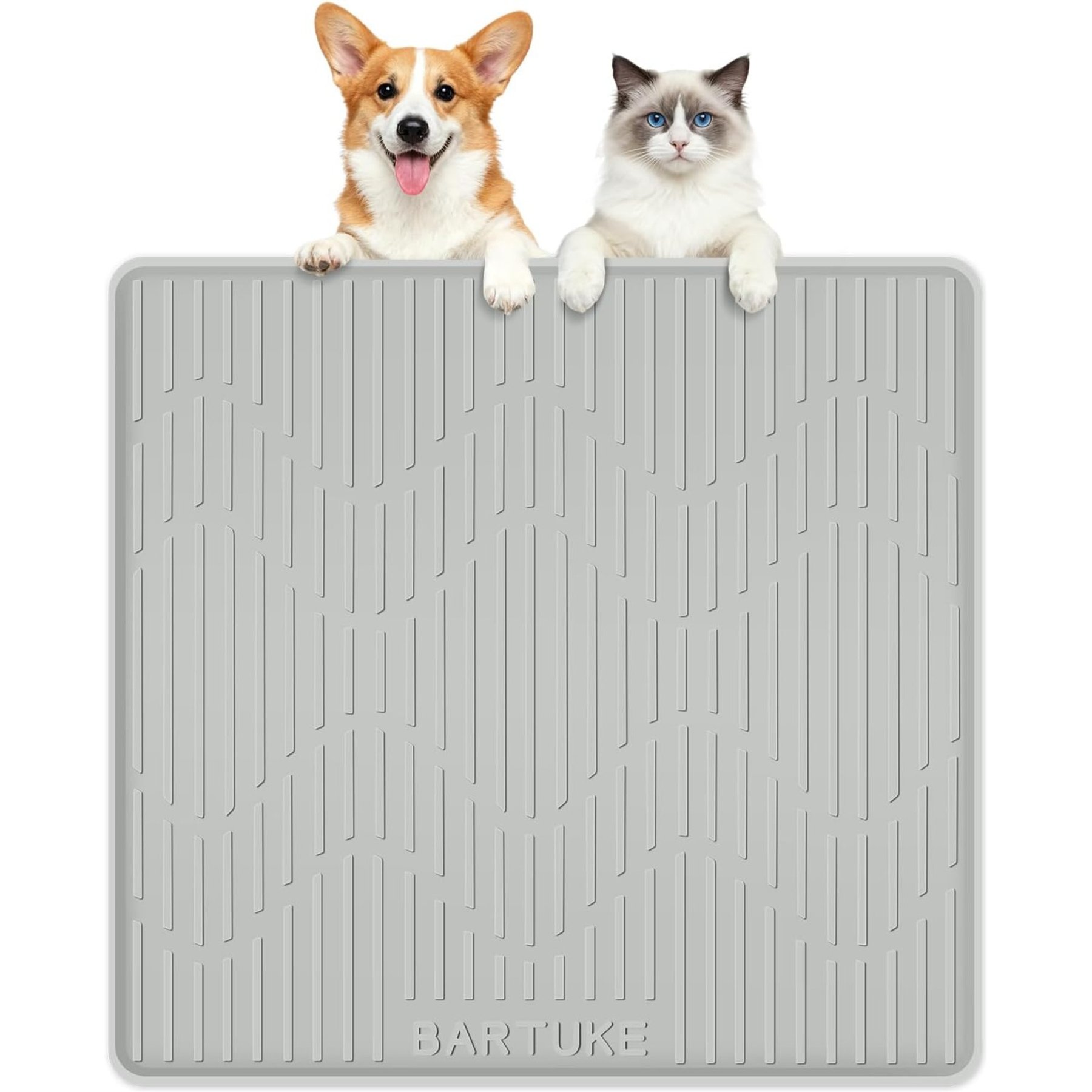 Bartuke Waterproof Bowl Raised Edge BPA Free & Non-Slip Food & Water Silicone Dog & Cat Placemat, Light Grey, X-Large: 27 x 27-in
