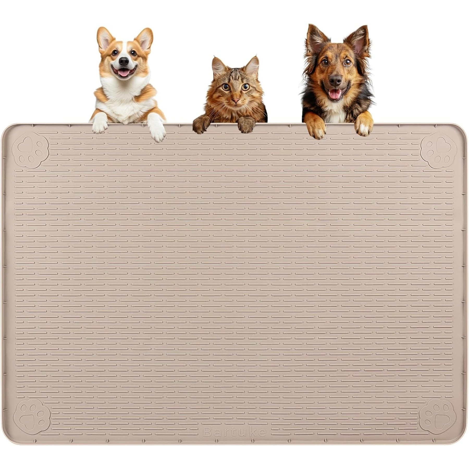 Bartuke Silicone Raised Edge Waterproof Non-Slip Dog & Cat Placemat, X-Large: 40 x 28-in, Khaki