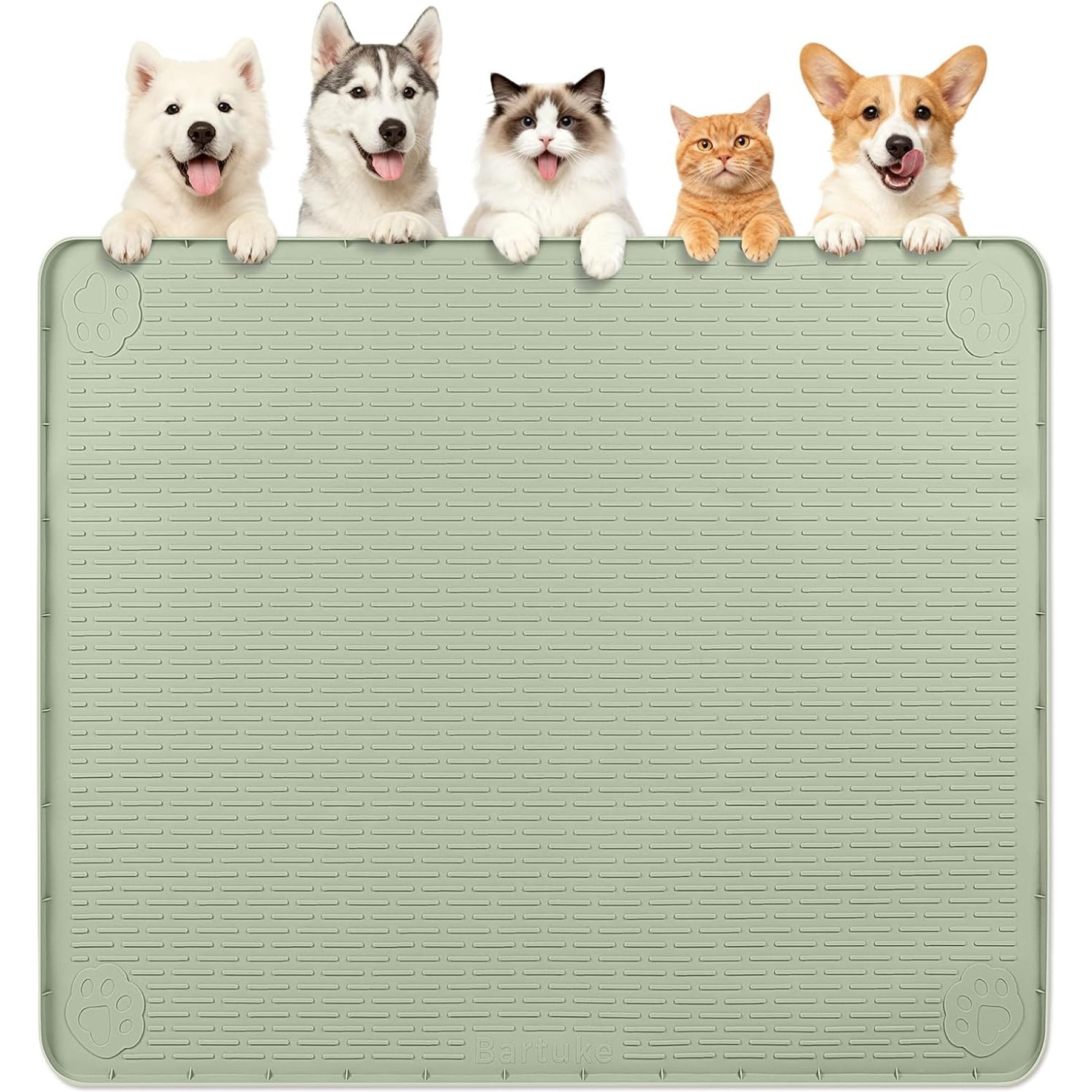 Bartuke Waterproof Non-Slip Silicone Dog & Cat Bowl Mat with Raised Edge, Green, X-Large: 40 x 40-in