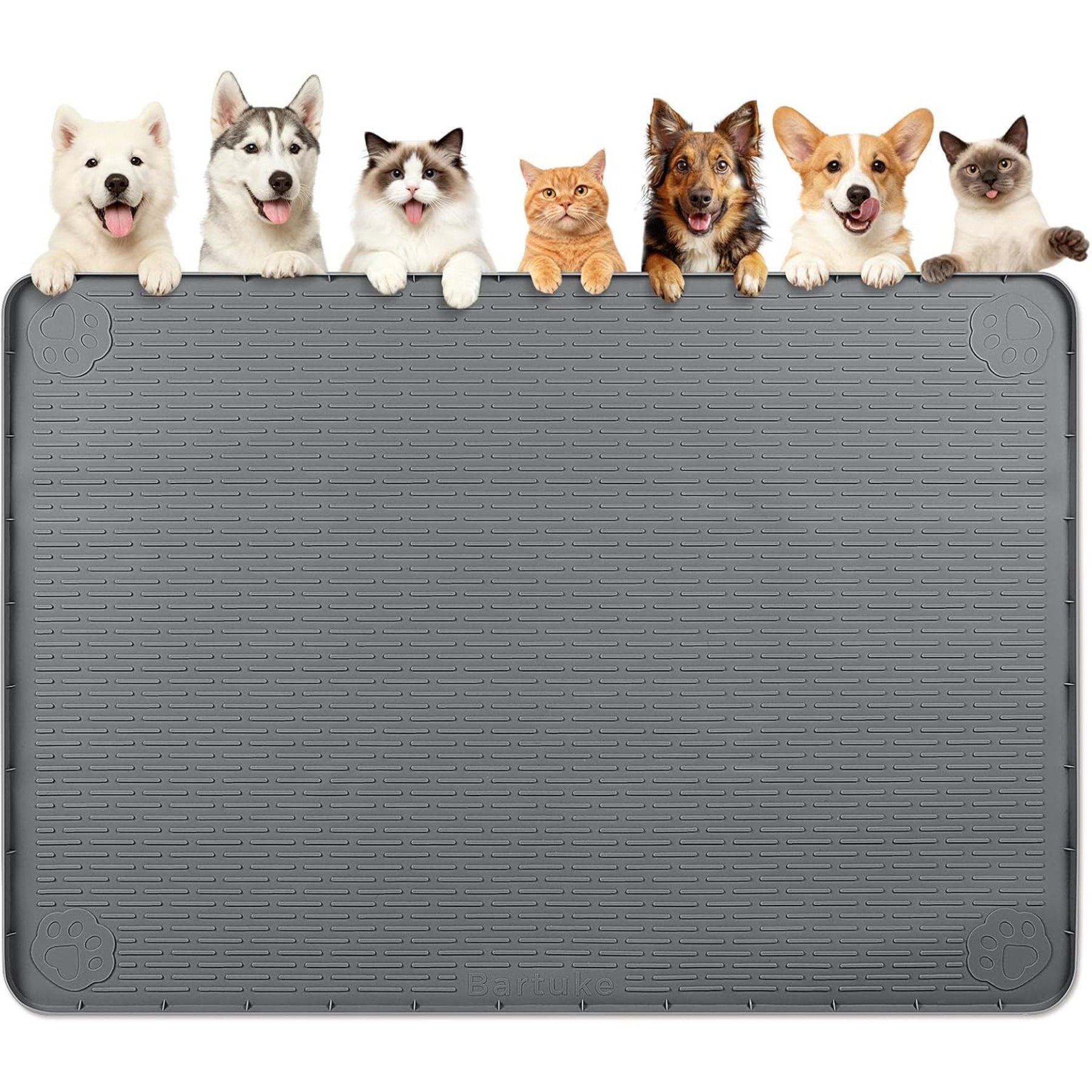 Bartuke Waterproof Non-Slip Silicone Dog & Cat Bowl Mat with Raised Edge, Dark Grey, X-Large: 70 x 45-in