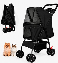 Yafylly Multi Functional Tray 2 Safety Leashes Storage Basket & Breathable Mesh Dog Stroller, Black