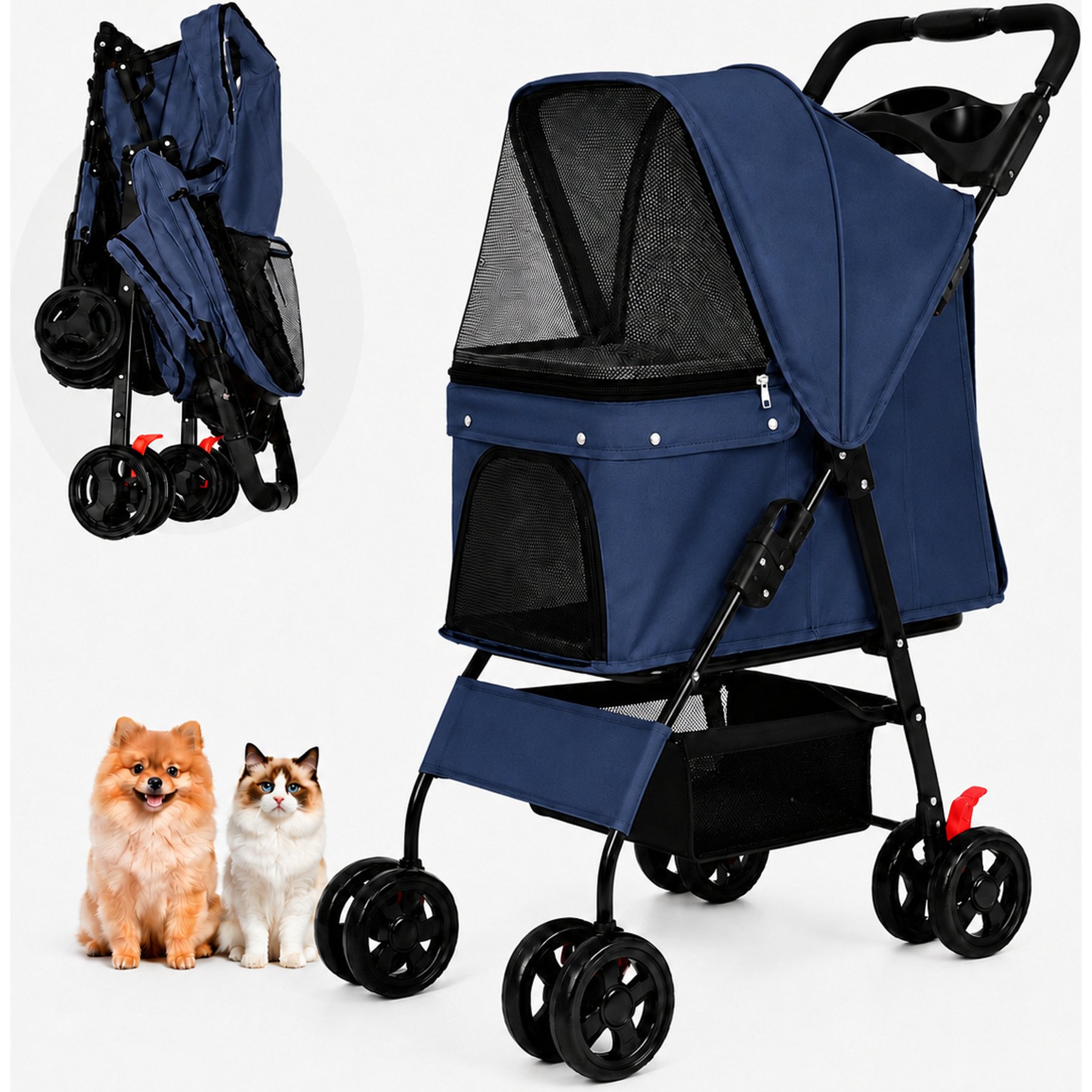 Yafylly Multi Functional Tray 2 Safety Leashes Storage Basket & Breathable Mesh Dog Stroller, Blue