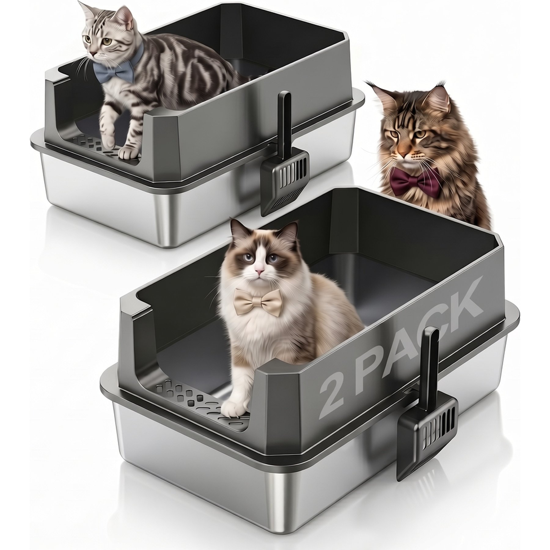 MIXJOY Open-Top Stainless Steel Cat Litter Box with Litter Mat & Scoop, Dark Grey