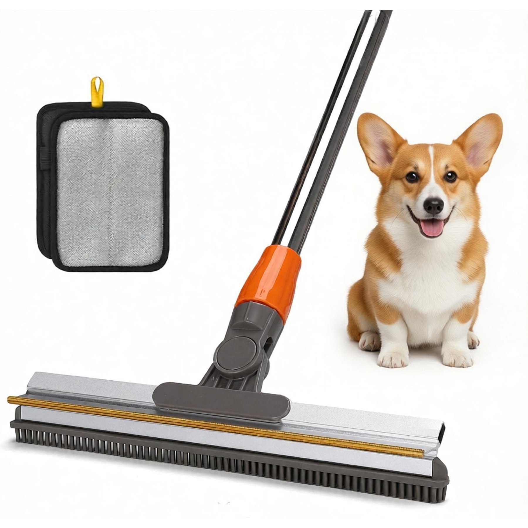 MIXJOY 1+1 Dual-Sided Carpet Rake Adjustable Length Dog Hair Remover, 31 to 60-in, Grey