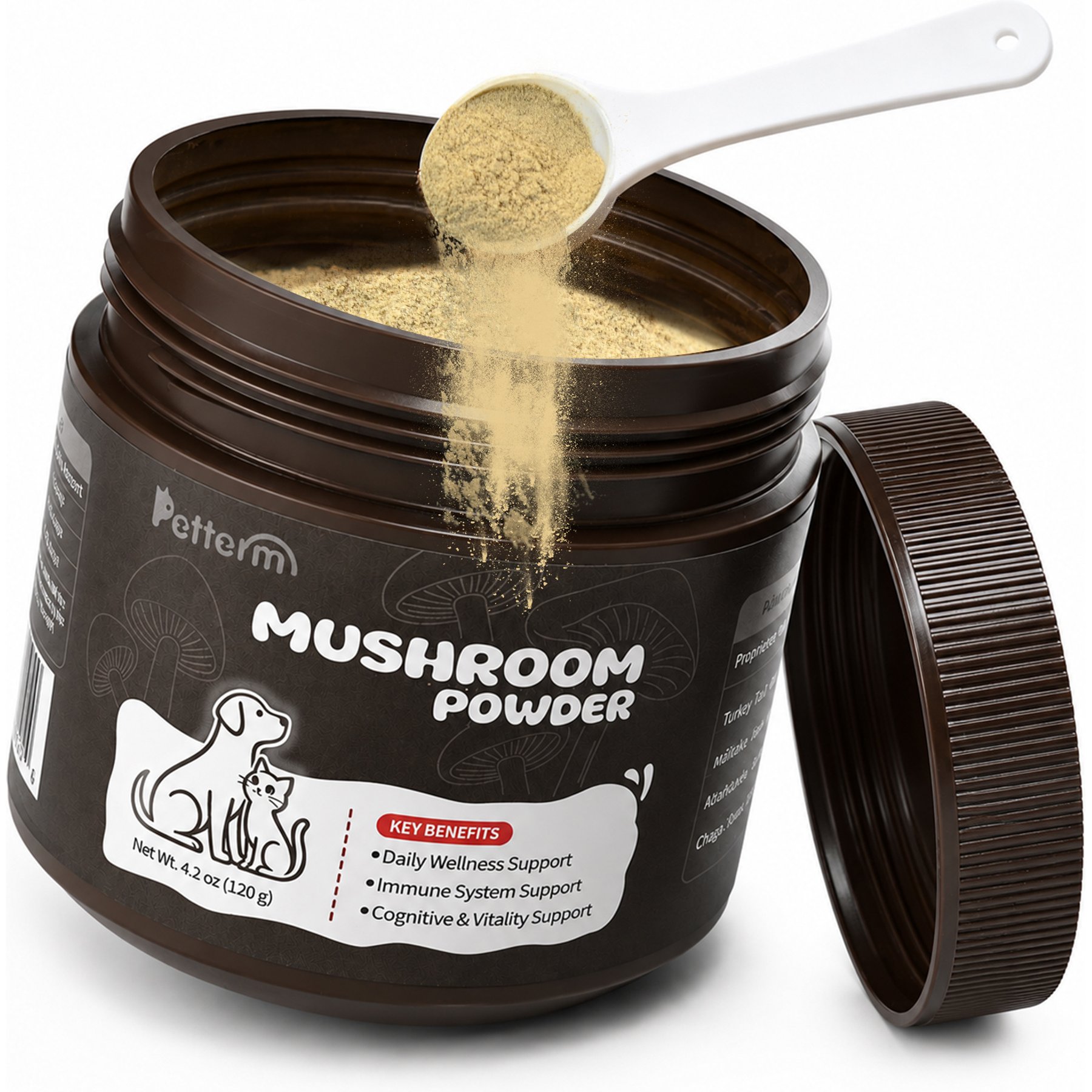 Petterm Tail Mushroom Vitamins & Minerals powder Immune Supplement for Dogs & Cats, 120-g