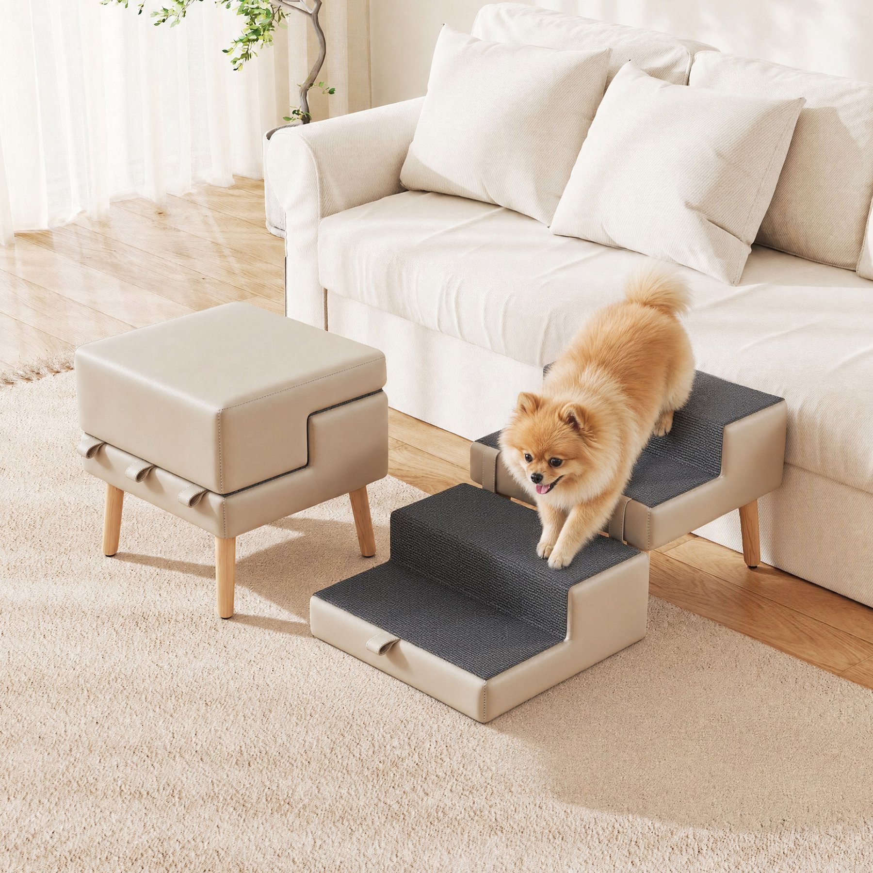 Yafylly 2-in-1 Foldable Wooden Frame & Non-Slip Surface Dog & Cat Steps, Gray