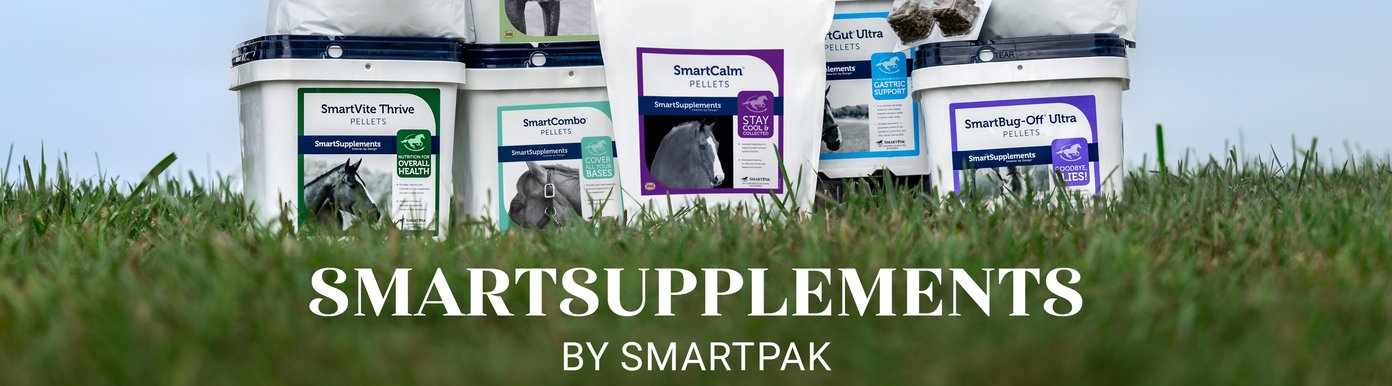 SmartSupplements by SmartPak includes pellet formulas such as SmartBug-Off Ultra, SmartGut Ultra, SmartVite Thrive, SmartCalm, and SmartCombo. Visible benefit areas include gastric support, overall health, covering all your bases, and staying cool and collected. Readable claims mention vitamins and minerals to help supplement the diet in adult horses, magnesium to support proper nervous system function, and B vitamins to help horses stay relaxed and at ease.