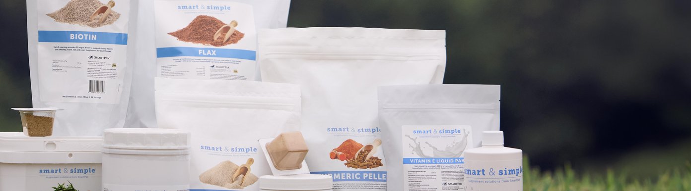 Smart and Simple Biotin provides 50 milligrams of biotin in each 9 gram serving to support strong hooves and a healthy mane, tail, and coat in adult horses. The Biotin formula lists brewers dried yeast, heat stabilized rice bran, and biotin as ingredients, with 56 servings in a 1.1 pound package. Smart and Simple Flax includes coconut stabilized flaxseed to help support skin and coat health in adult horses, with omega 3 fatty acids to help a horse achieve a gorgeous glow from the inside out.