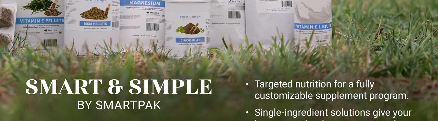 Smart and Simple by SmartPak offers targeted nutrition for a fully customizable supplement program. These single-ingredient solutions are described as giving your horse exactly what you want and nothing that you do not. Visible product options include Vitamin E Pellets, Vitamin E Liquid, MSM Pellets, Magnesium, and Jiaogulan, with the Magnesium formula providing 5,000 milligrams per 8.8 gram serving to support healthy muscle function, nervous system function, and a balanced demeanor.