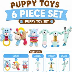 Pet Life 6-Piece Boy Puppy Starter Kit Plush Rope Teething & Crinkle Dog Toy Set, Blue slide 2 of 4