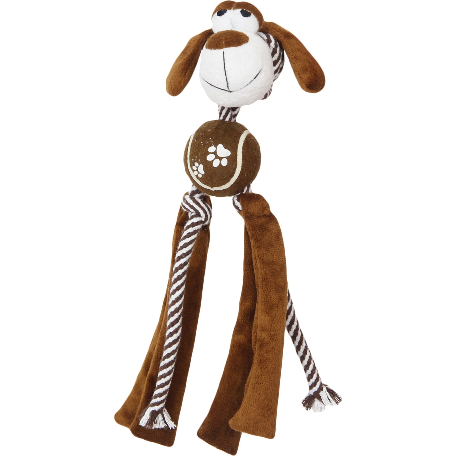 Pet Life Tennis Pawl Rope Squeaker & Crinkle Tennis Dog Toy, Brown