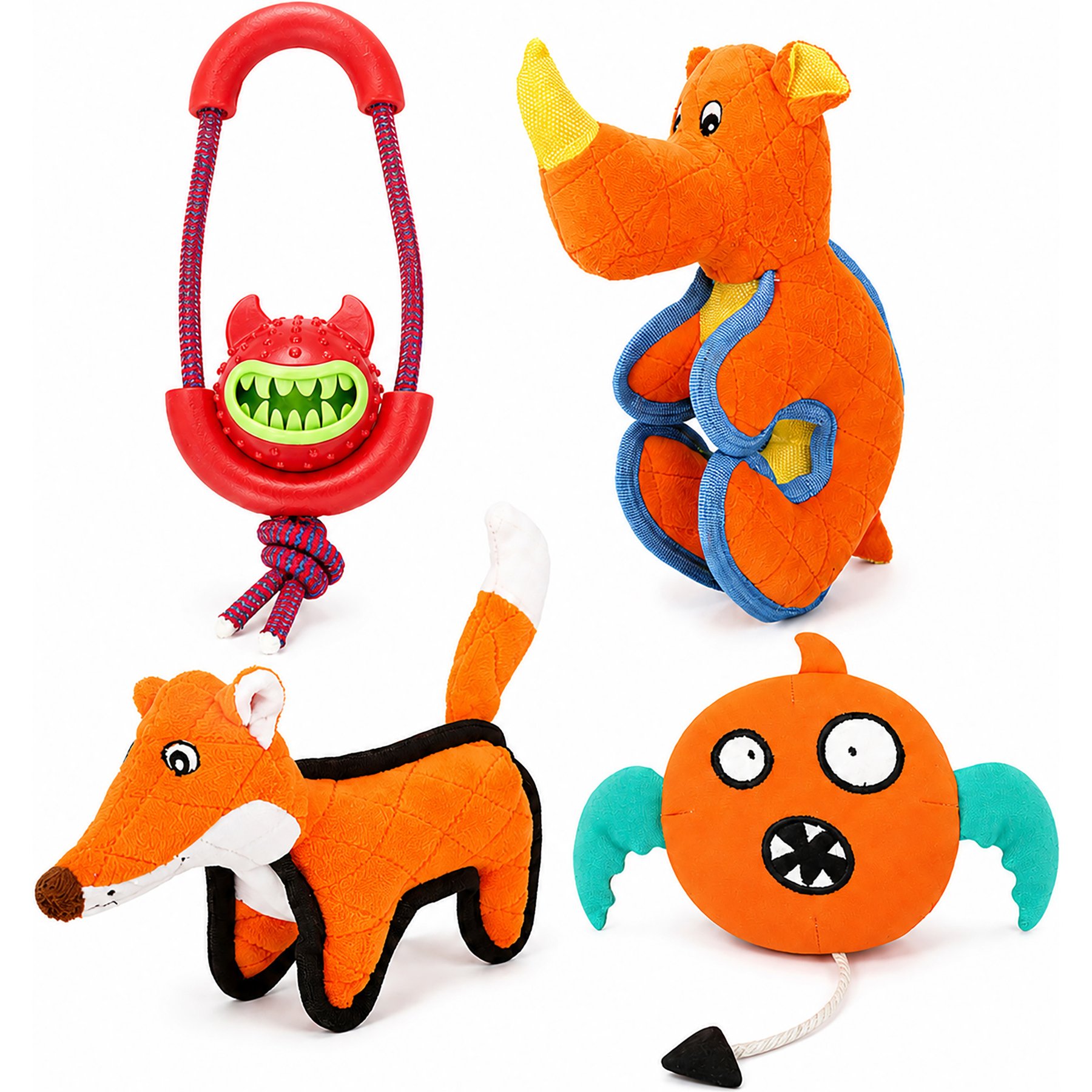 Pet Life 4-Piece Fetch Tug & Plush Squeaking Bundle Dog Toy Set, Orange