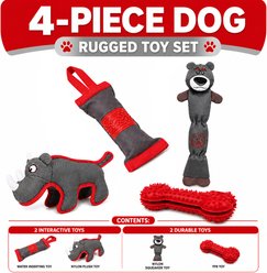 Pet Life 4-Piece Durable Plush Nylon & Rubber Fetch Squeak & Rope Dog Toy Set, Red/Gray slide 2 of 4