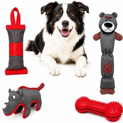 Pet Life 4-Piece Durable Plush Nylon & Rubber Fetch Squeak & Rope Dog Toy Set, Red/Gray slide 1 of 4